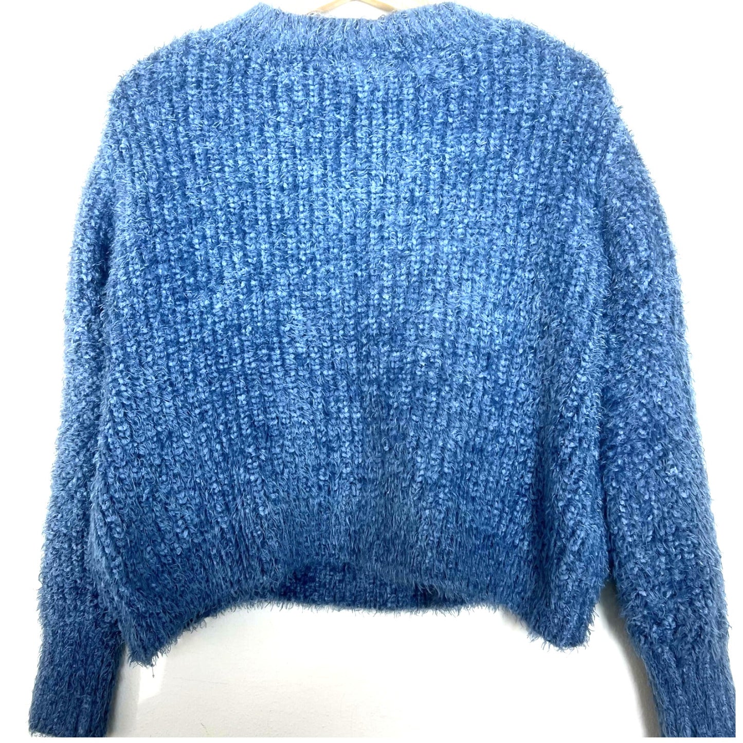 Aqua Pointelle Mock Neck Cropped Sweater - Blue - Large