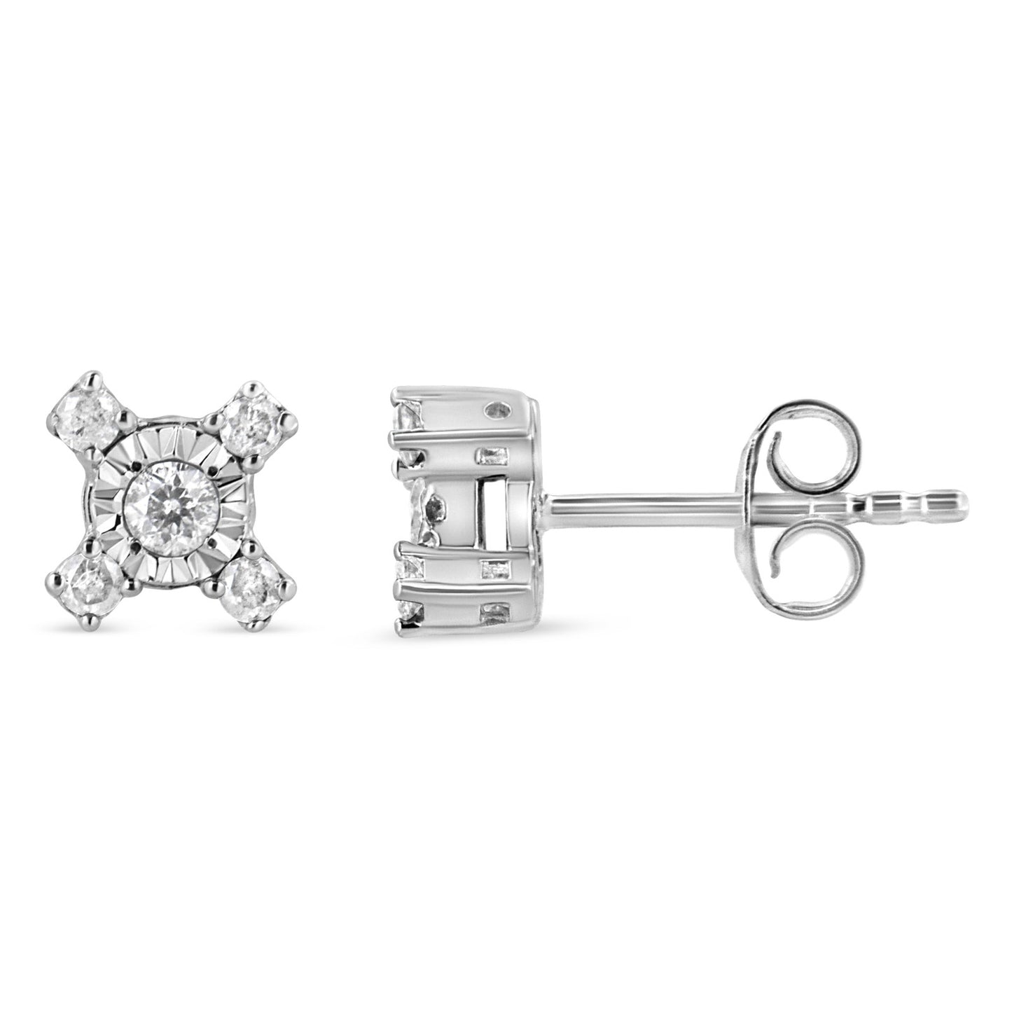 Haus of Brilliance .925 Sterling Silver 1/4 Cttw Miracle Plate Set Round and Princess-Cut Diamond "X" Shaped Stud Earrings (I-J Color, I2-I3 Clarity)