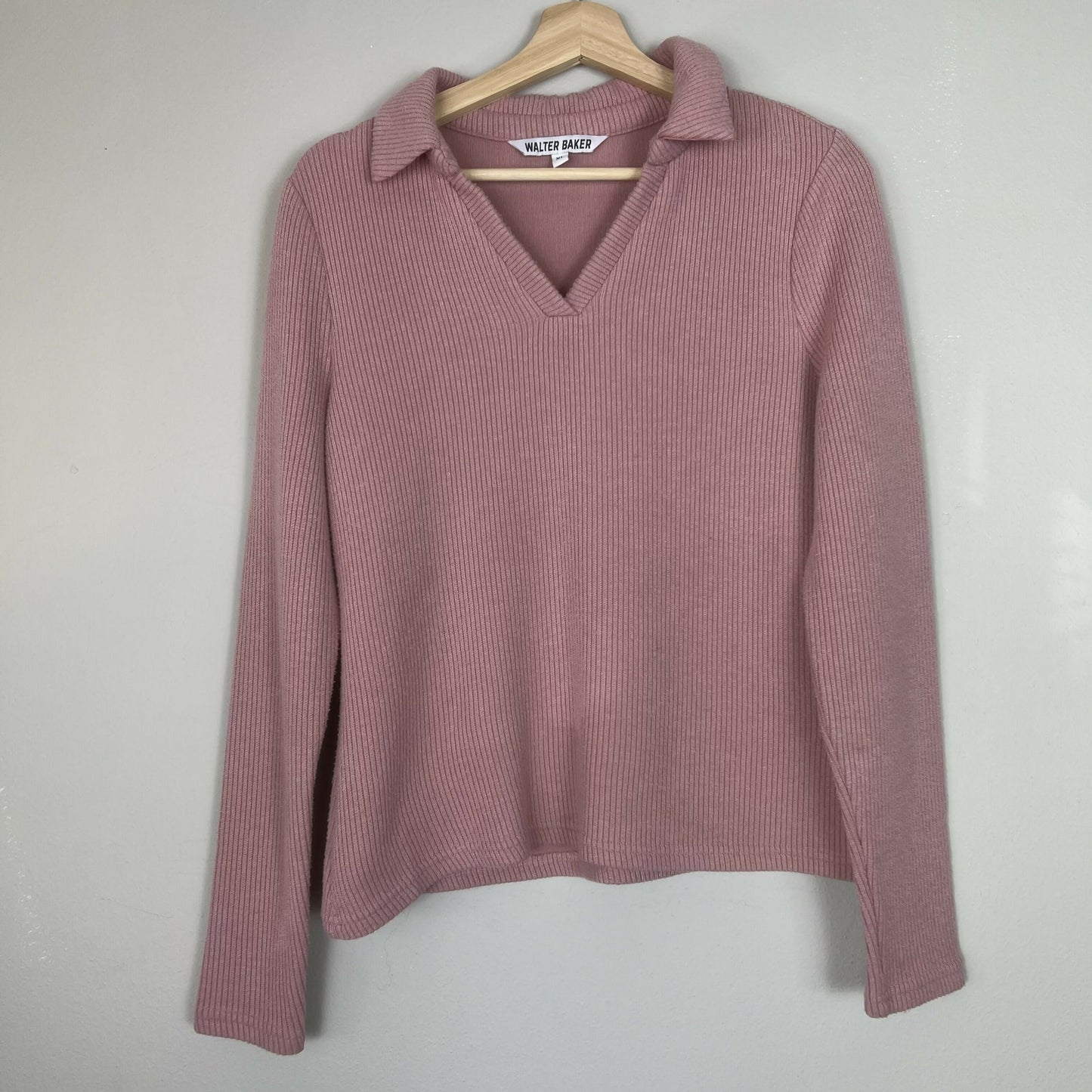 Walter Baker Spread Collar Hudson Rib Knit Top – Dusty Pink – XL