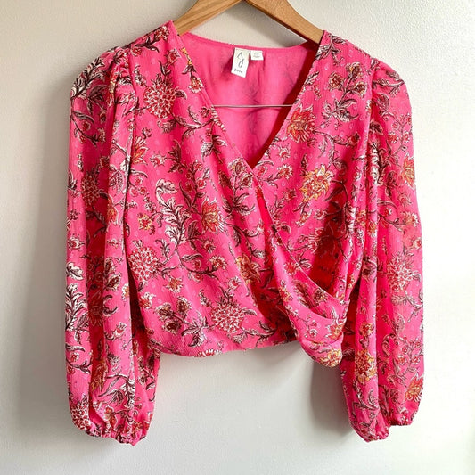 Joie Surplice Front Balloon Sleeve Blouse Top - Pink Floral - Small