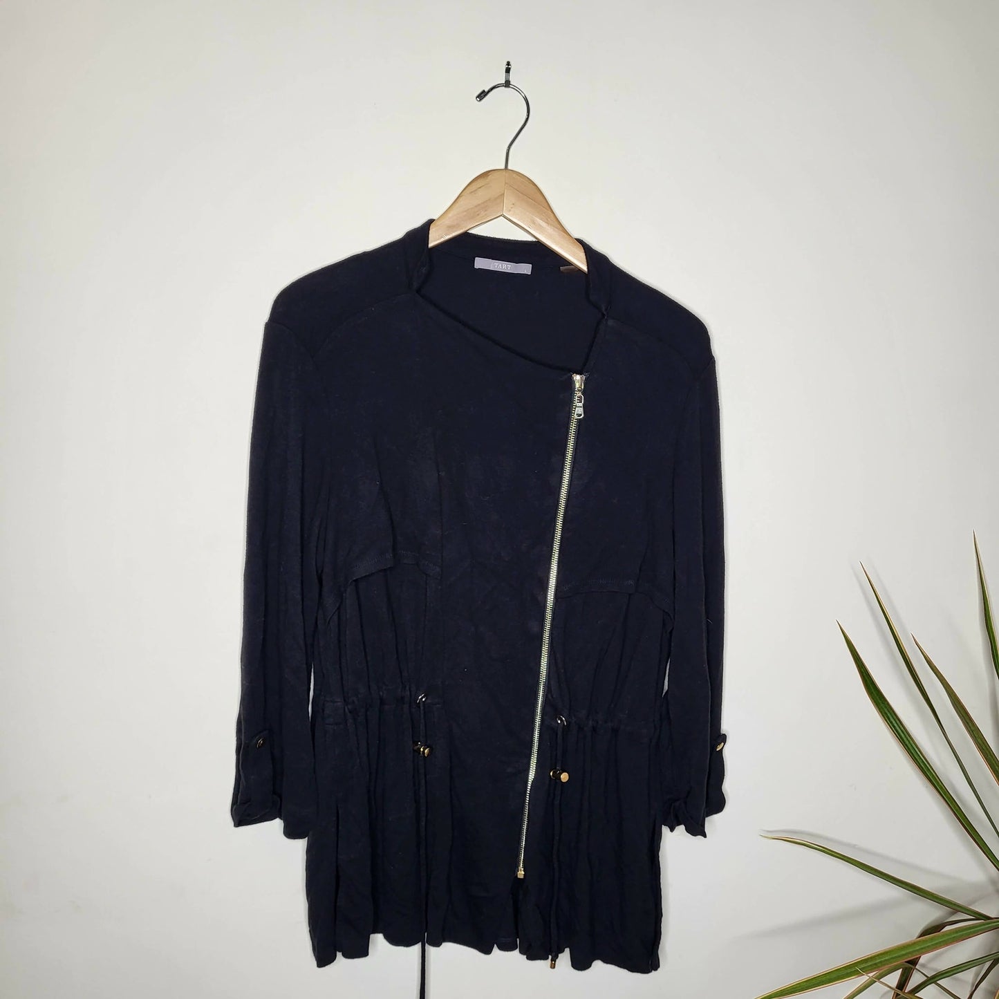 Tart Black Jersey Knit Jacket with Gold Asymmetrical Zipper