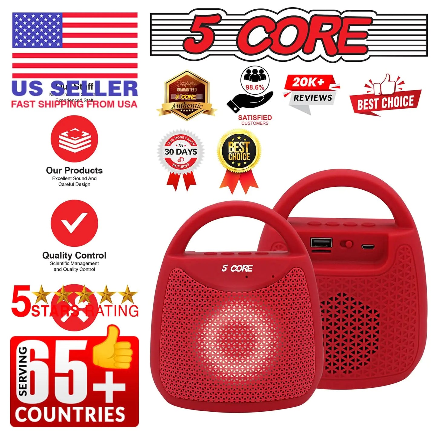 5Core Outdoor Bluetooth Speaker Wireless Portable Waterproof for Patio Pool Party Red