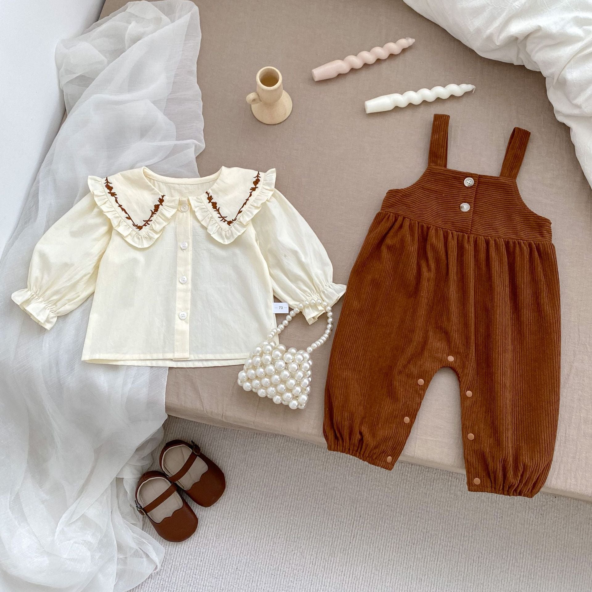 New Arrival Baby Kids Girls Flowers Pattern Long Sleeves Top and Brown Overalls Strap Rompers-0