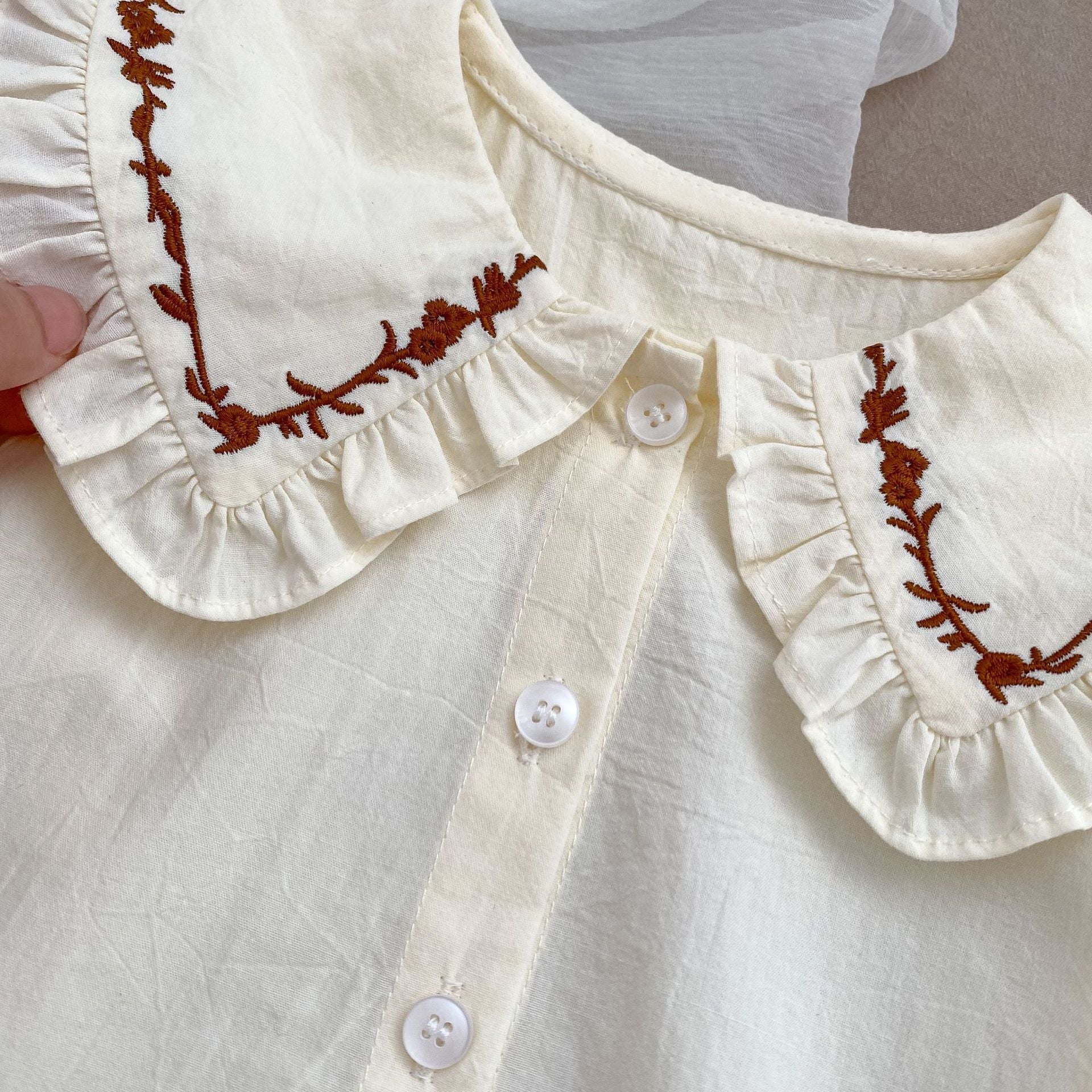 New Arrival Baby Kids Girls Flowers Pattern Long Sleeves Top and Brown Overalls Strap Rompers-4