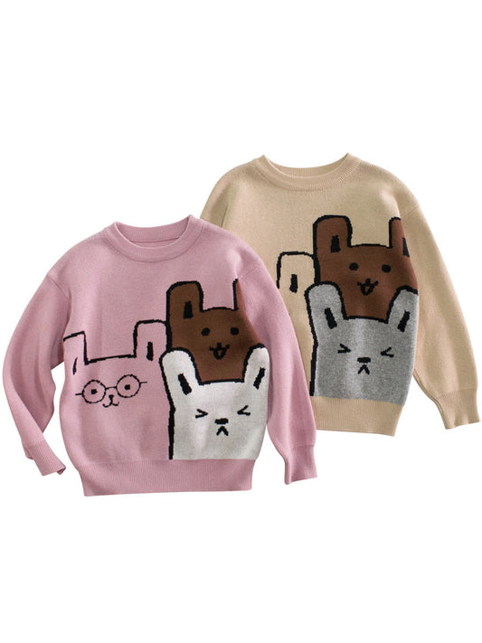 Baby Girls Kids Cute Animals Pattern Crew Neck Long Sleeves Knit Pullover-0