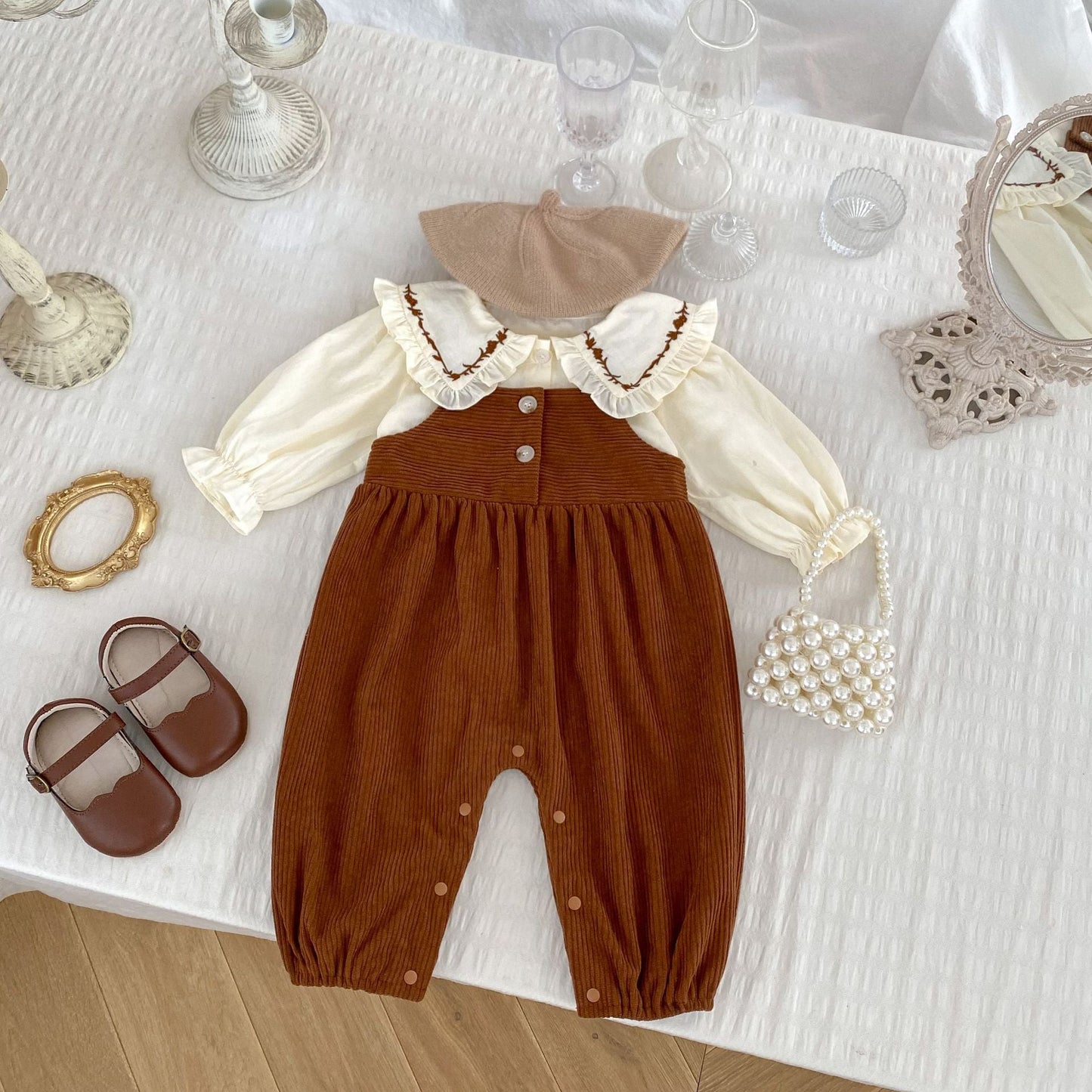 New Arrival Baby Kids Girls Flowers Pattern Long Sleeves Top and Brown Overalls Strap Rompers-3