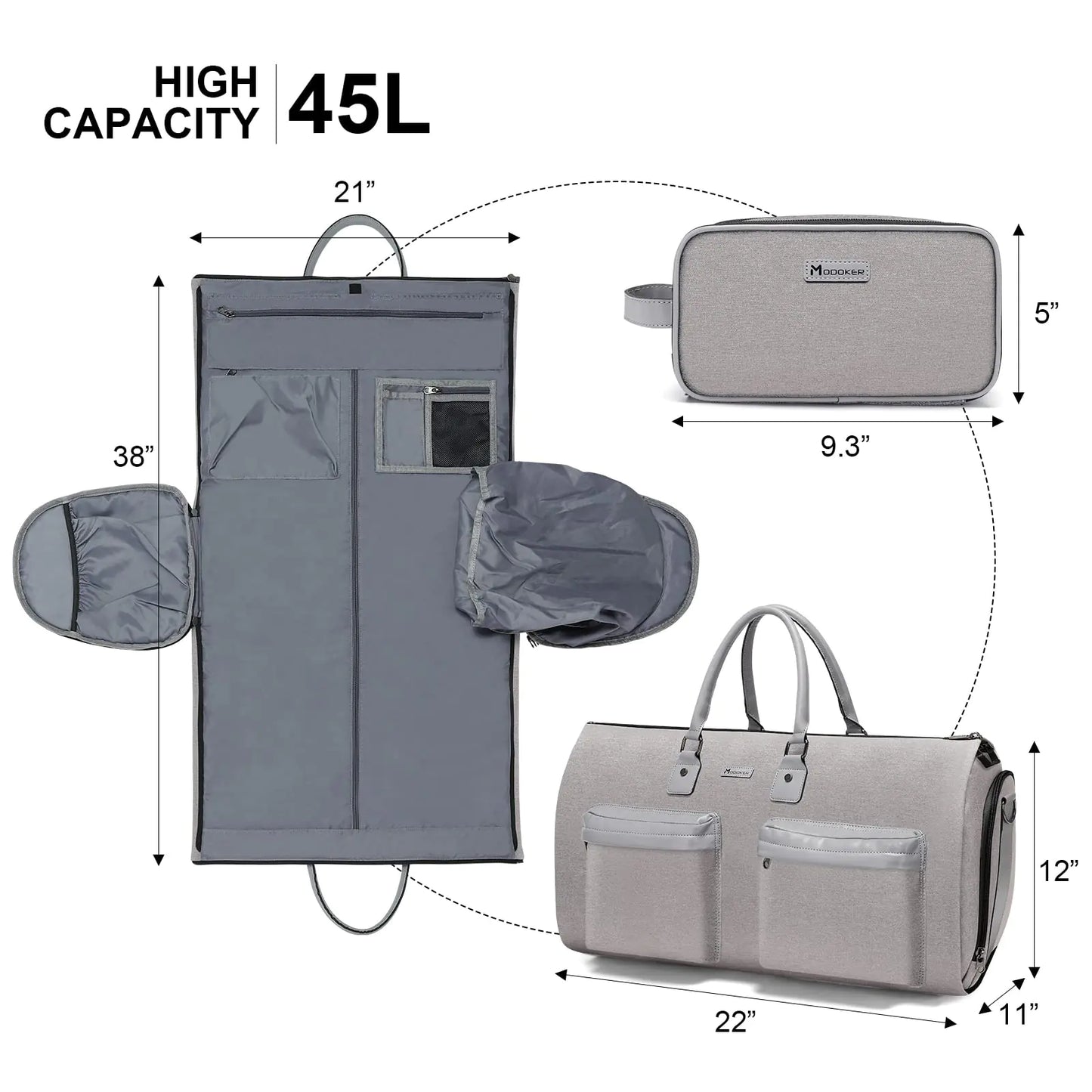 Convertible Carry-On Garment Bag with Toiletry Bag – Light Gray